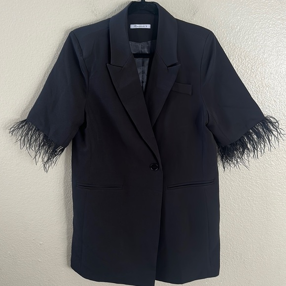 AEL Amy Enjoy Life Black One Button Blazer Feather Sleeve Mini Dress Size Small - Picture 4 of 14
